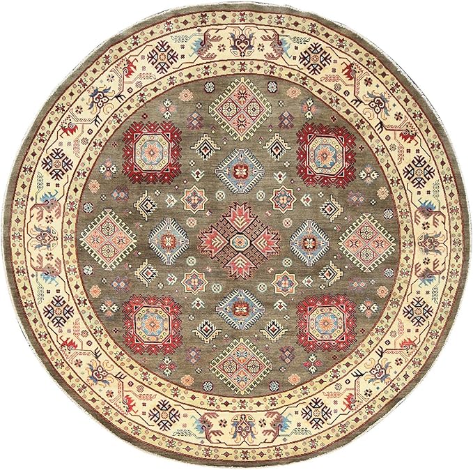 Taupe Brown Special Kazak with All Over Pattern Natural Dyes Organic Wool Hand Knotted Round Oriental Rug (9'x9')