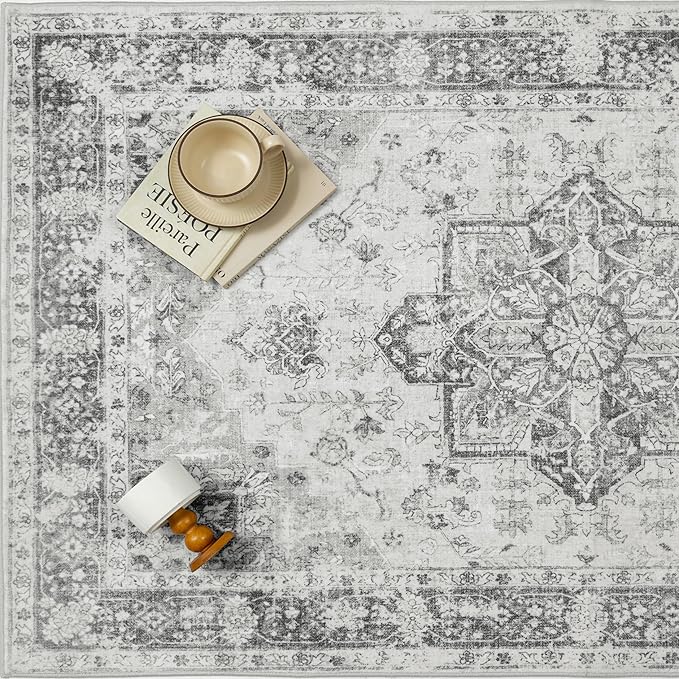 Gray 8x10 Area Rug Washable Vintage Living Room Carpet Non Slip Retro Distressed Low Pile Soft Oriental Medallion Thin Large Grey Throw Rug for Office Bedroom Dining Room Playroom
