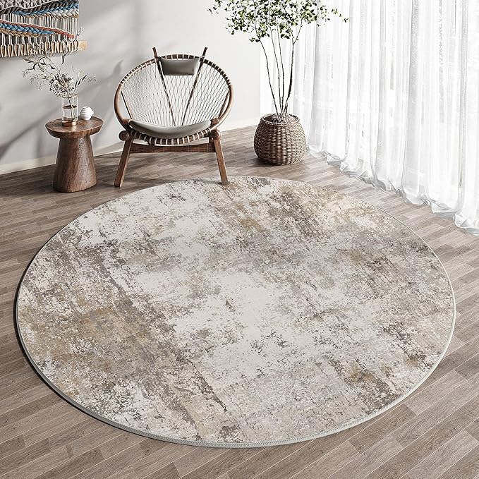 8x8 Washable Round Rug Brown Grey Abstract Living Room Bedroom Area Rug Neutral Modern Non Slip Soft Low Pile Indoor Carpet for Dining Room Office Entryway