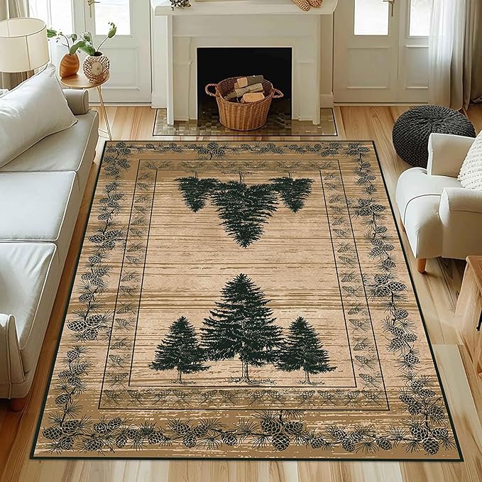 UNREASTO Country Cabin Area Rug 5x6ft Rustic Nature Forest Pine Cone Pine Tree Plant Vintage Home Decor Floor Rug Non-Slip Easy Clean Lodge Rug for Living Room Bedroom Entry Office Hardwood Floor