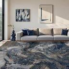 Modern Washable Rug for Living Room: Abstract 9x12 Area Rugs for Bedroom Low Pile Non Slip - Stain Resistant Carpet for Dining Room Indoor - Blue Gold