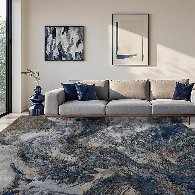 Modern Washable Rug for Living Room: Abstract 9x12 Area Rugs for Bedroom Low Pile Non Slip - Stain Resistant Carpet for Dining Room Indoor - Blue Gold
