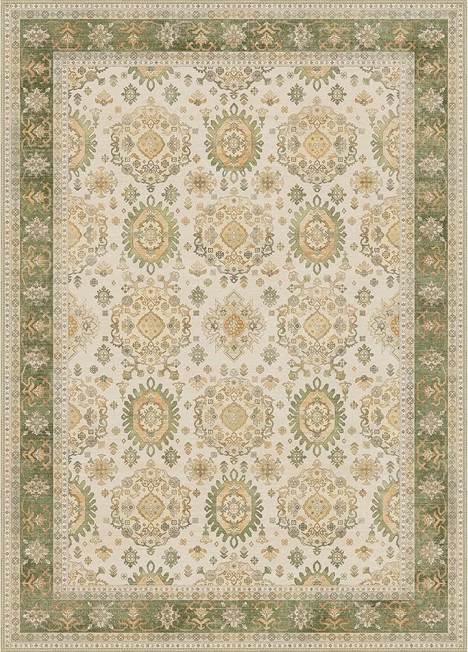 5x7 Area Rug Machine Washable Boho Rug for Living Room,Ultra-Thin Low Pile Carpet,Lightweight Indoor Printed Rug,Non Slip Floral Area Rug for Bedroom, Dining Room, Home Office,Green