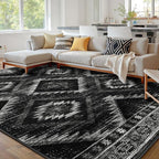 Area Rug 10x12 Rug Machine Washable Non-Slip Low Pile Print Pattern Western Rug for Living Room Bedroom Entryway Tribal Series-Black