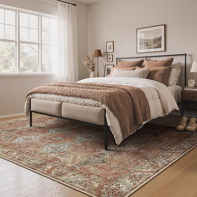 Bavni Clearance 5x7 Area Rugs for Living Room, Machine Washable Rug Non Slip, Vintage Chenille Distressed Print Carpet, Large Low Pile Ultra-Thin Lightweight Rugs for Bedroom, Dining Room, Spice Sky