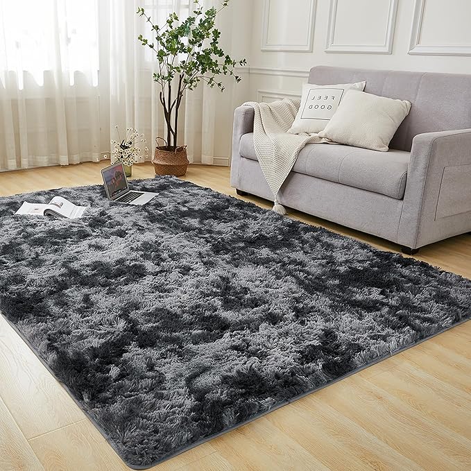 Andency Soft Area Rugs for Living Room Bedroom, 5x8 Fluffy Shaggy Bedside Rug, Non-Slip Large Shag Fuzzy Plush Carpets for Bedroom Kids Dorm Nursery Home Decor Aesthetic, Tie-Dyed Dark Grey