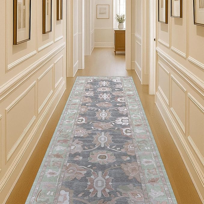 Fame Living Green Oushak Rug, Modern Rugs, Vintage, Turkish, Eclectic, Floral, Pastel, Washable, Small Throw, Accent Area Rug for Living Room, Bedroom, Kitchen, Bathroom, 2'5"x4'9"