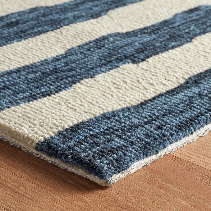 Dash & Albert Silas Stripe Navy Hand Micro Hooked Wool Rug, 7.5 X 9.5 Feet, Blue Stripe Pattern - Premium Luxury Hotel Quality Soft Breathable Hypoallergenic Machine Washable Easy Care All Season