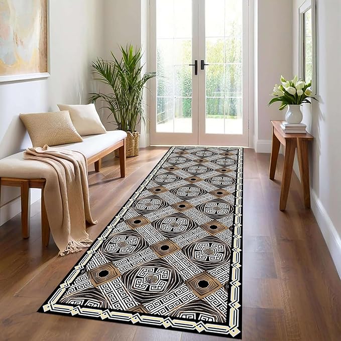 Classic Geometric Runner Rug, 2x8ft, Greek Key Print Runners Rugs, Vintage Moroccan Checkered Carpet, Cozy Short Pile No Crease Farmhouse Rugs for Living Room Laundry