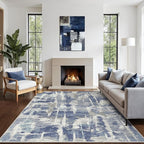 Washable Rug 8x10 Area Rug for Living Room Bedroom, Large Modern Abstract Rug Indoor Floor Carpets Low Pile No Shed Non-Slip with Rubber Backing Dining Room Kitchen Office (Blue, 8'x10')