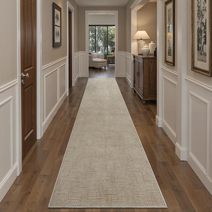 Art&Tuft 2x12 Runner Rug - Washable Runner Rugs, Non-Slip Runner Rug for Hallway, High Low Pile Textured Stripe 2x12 Rug Runner Throw Carpet for Entrance Bedroom Living Room Kitchen, Beige
