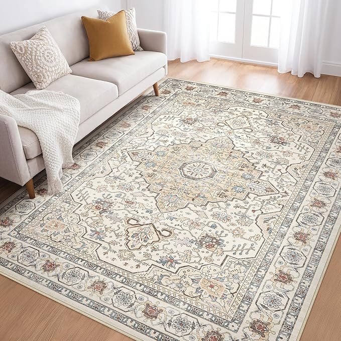 6x8 Area Rug Living Room: Washable Boho Large Neutral Vintage Soft Rugs Stain Resistant Farmhouse Non Slip Indoor Floor Carpet for Bedroom Nursery Kids Playroom Office Dining Room- Cream Blue