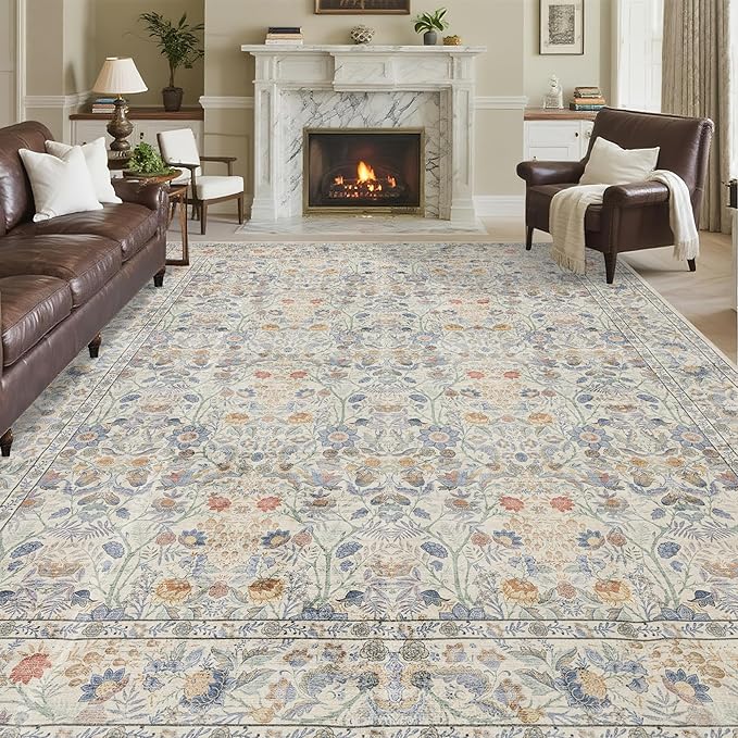Washable Living Room Rug: 9x12 Boho Floral Soft Area Rug for Bedroom Decor - Vintage Low Pile Thin Carpet for Dining Room Non-Slip - Farmhouse Stain Resistant Rugs - Beige Blue