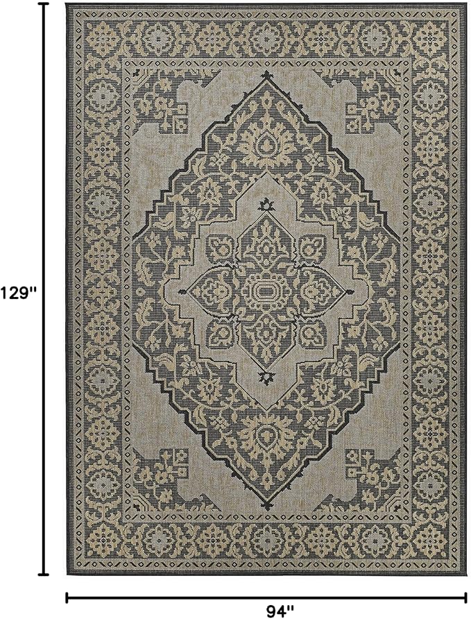 FH Home Flat Woven Outdoor Rug - Waterproof, Easy to Clean, Stain Resistant - Premium Polypropylene Yarn - Vintage - Large Patio, Deck, Sunroom - Ankara - Charcoal - 7ft 10 in x 10ft 9in