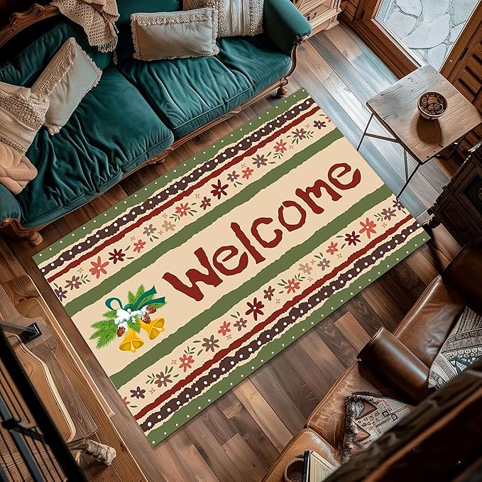 Vintage Christmas Area Rugs 3x5ft Merry Christmas Snowflakes Floral Winter Holiday Decorative Floor Mats Xmas Decorative Rugs for Living Room Bedroom Doormats Welcome Mats Non-Slip and Durable
