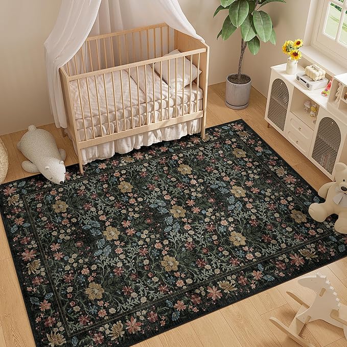 DUKINO 5x7 Area Rugs, Floral Washable Rugs for Bedroom with Non Slip Backing, Vintage Low Pile Indoor Floor Carpets for Bedroom, Living Room, Farmhouse, Home Office, Dining Room, Black