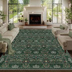 8x10 Floral Washable Area Rugs for Living Room, Vintage Boho Large Rug for Bedroom Dining Room， Distressed Botanical Birds Non Slip Low Pile Animal Throw Carpet for Farmhouse Office, Bright Green