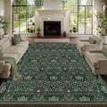 9x12 Floral Washable Area Rugs for Living Room, Vintage Boho Large Rug for Bedroom Dining Room， Distressed Botanical Birds Non Slip Low Pile Animal Throw Carpet for Farmhouse Office, Bright Green