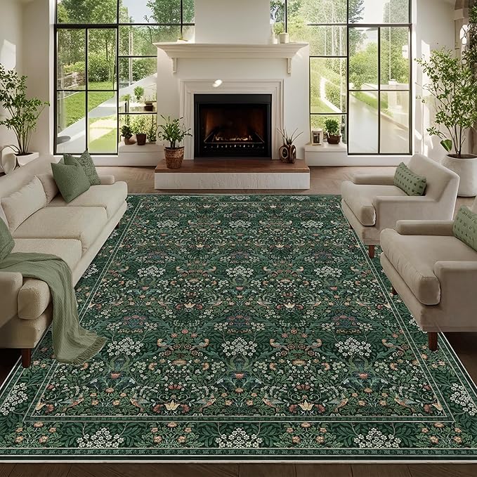 9x12 Floral Washable Area Rugs for Living Room, Vintage Boho Large Rug for Bedroom Dining Room， Distressed Botanical Birds Non Slip Low Pile Animal Throw Carpet for Farmhouse Office, Bright Green
