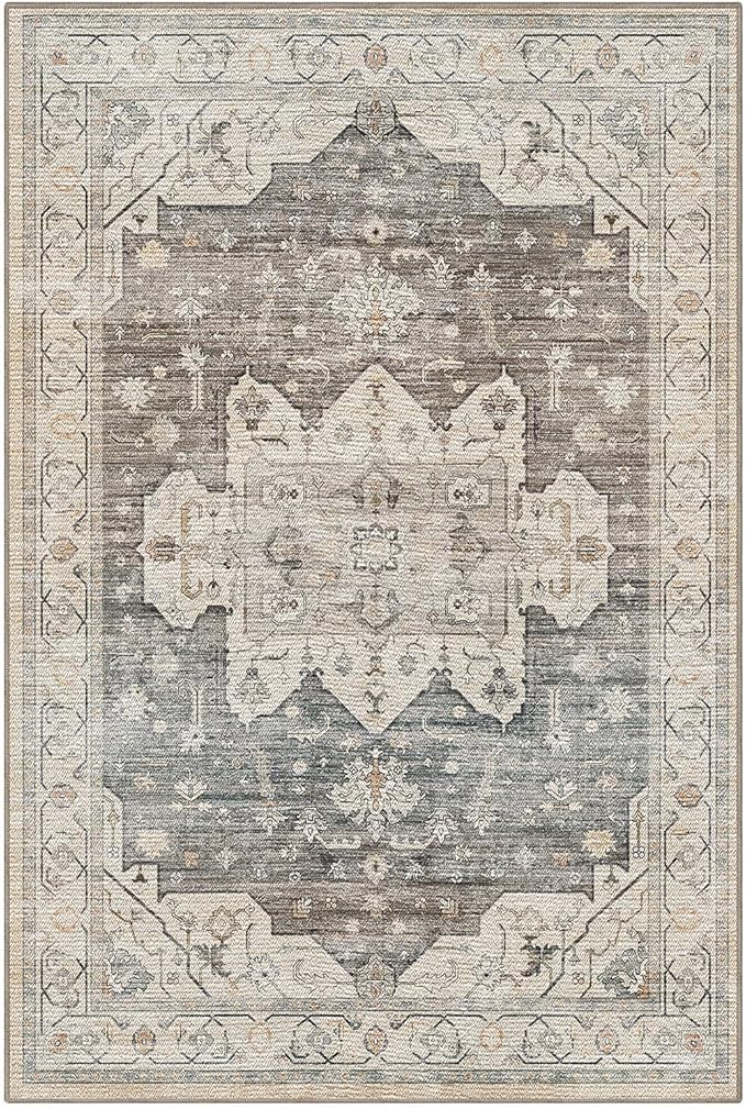 LUMI 4x6 Washable Area Rug for Living Room, Ultra Soft Vintage Rugs with TPE Non Slip Backing, Stain Resistant, Low Profile Carpet High Traffic for Bedroom, Dining Room