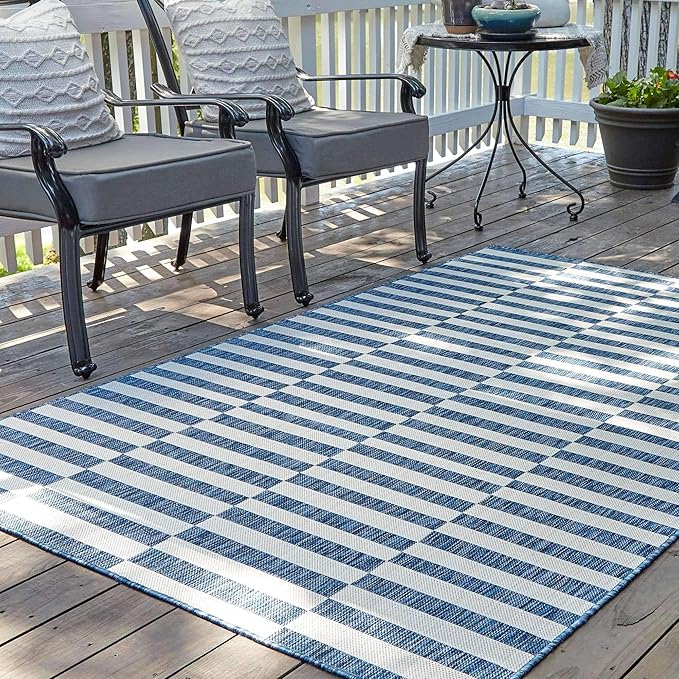 Unique Loom Outdoor Collection Classic Stripes, Transitional Indoor & Outdoor Area Rug, (8' 0 x 11' 0, Navy Blue/ Ivory