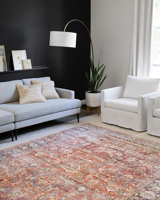 Loloi Layla Collection LAY-02 Spice/Marine 2'-3" x 3'-9" .13" Thick Accent Rug, Soft, Durable, Vintage Inspired, Distressed, Low Pile, Non-Shedding, Easy Clean, Printed, Living Room Rug