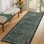 DUKINO 2x6 Runner Rug for Hallway, Washable Vintage Floral Kitchen Rug with Non Slip Backing, Soft Low Pile Throw Carpet Runner for Kitchen, Laundry, Hallway, Bathroom, Blue