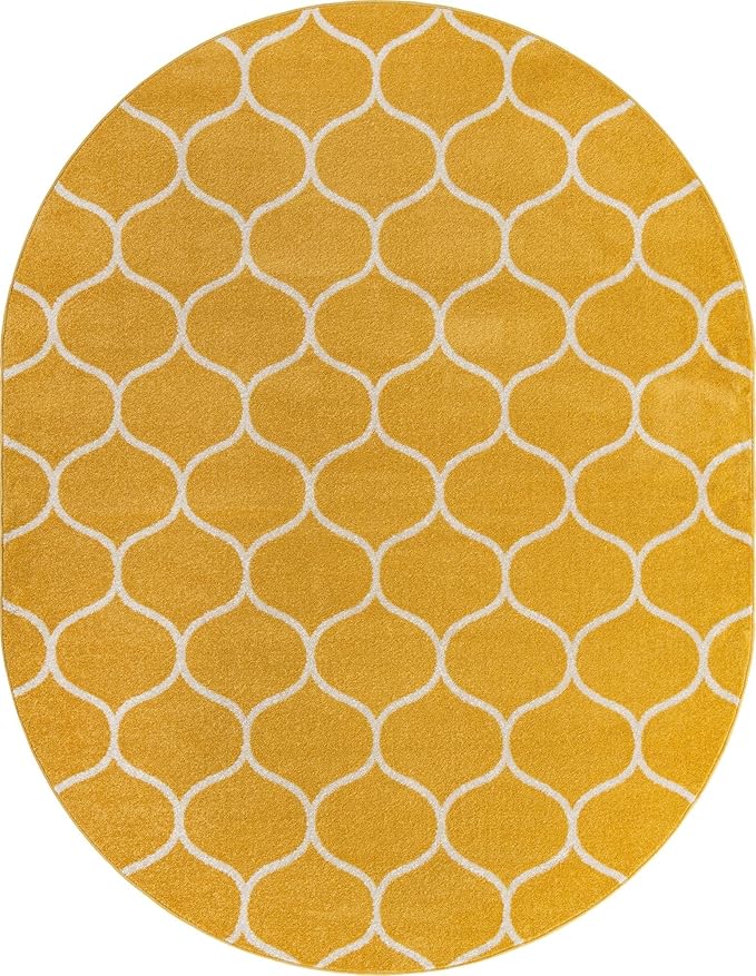 Rugs.com Lattice Frieze Collection Rug – 8' x 10' Oval Yellow Medium Rug Perfect for Living Rooms, Large Dining Rooms, Open Floorplans