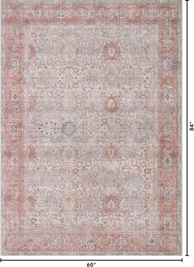 Kuden 5x7 Area Rug, Machine Washable Area Rug with Non-Slip Backing, Vintage Style, Soft, Easy Clean, Low Pile Rug for Living Room, Bedroom, Dining Room