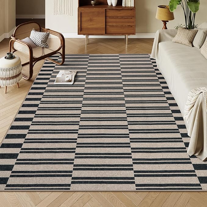 Lahome Striped Easy Jute Carpet, 8x10 Living Room Rugs Indoor Outdoor Patio Dining Room Rug, Farmhouse Non Slip Non Shedding Non Shedding Black Carpet for Deck Backyard Mudroom