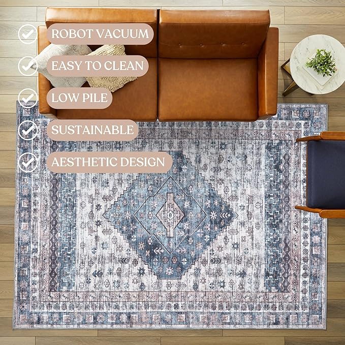 Washable Area Rug. Modern Farmhouse. Vintage. Turkish. Bohemian. Distressed. Oriental. Traditional. Rugs for Living Room. Dining. Bedroom. Office. Entryway. Foyer. (859NC, 2'5" x 6'5")