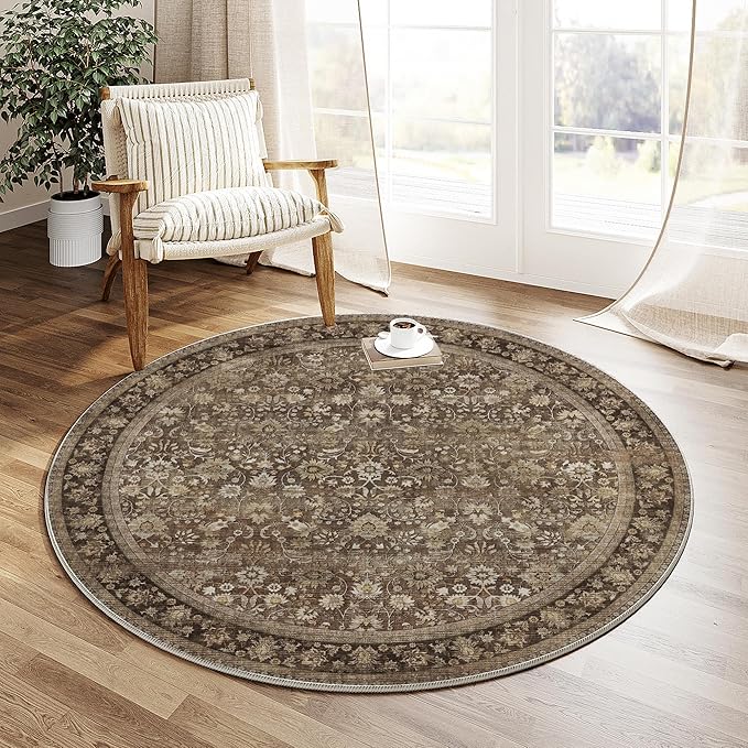 HUGEAR Round Rug 4ft Entryway Rugs Machine Washable Brown Hallway Area Rug 4x4 Small Circle Accent Rug Floral Low Pile Carpet Soft Throw Rug Living Room Office Laundry Room Entrance Non Slip