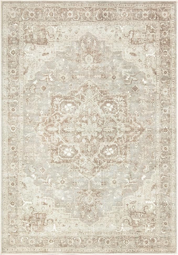 Bloom Rugs Washable Non-Slip 6' x 9' Rug - Beige/Gray Traditional Area Rug for Living Room, Bedroom, Dining Room, and Kitchen - Exact Size: 6' x 9'