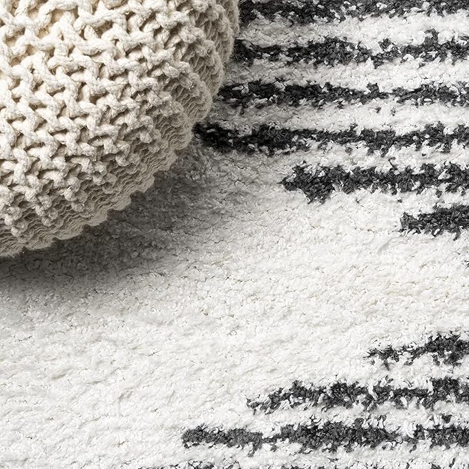 JONATHAN Y Elm Diamond Stripe Shag White/Gray Runner Rug, 2x8, Geometric, Bohemian, Contemporary, Easy-Cleaning for Living Room, Bedroom, Kitchen, Pet Friendly, Non-Shedding (MOH408A-28)