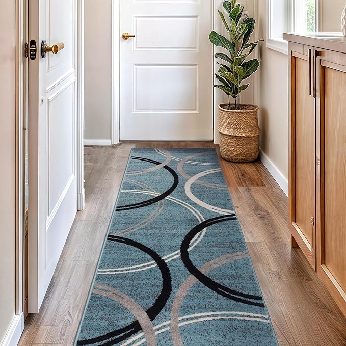 Rugshop Modern Wavy Circles Design Runner Rug, Carpet with Jute Backing for Hallway, Entryway, or Laundry Room, Blue, 2'7" x 6'