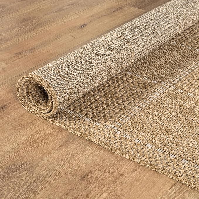 Beverly Rug Easy Jute Checkered Squared Runner Rug 2x7 Washable Durable Indoor Outdoor Area Rugs for Living Room Patio Office Stain Resistant Non Shedding Casual Indoor Outside Carpet 2 x 7 Natural