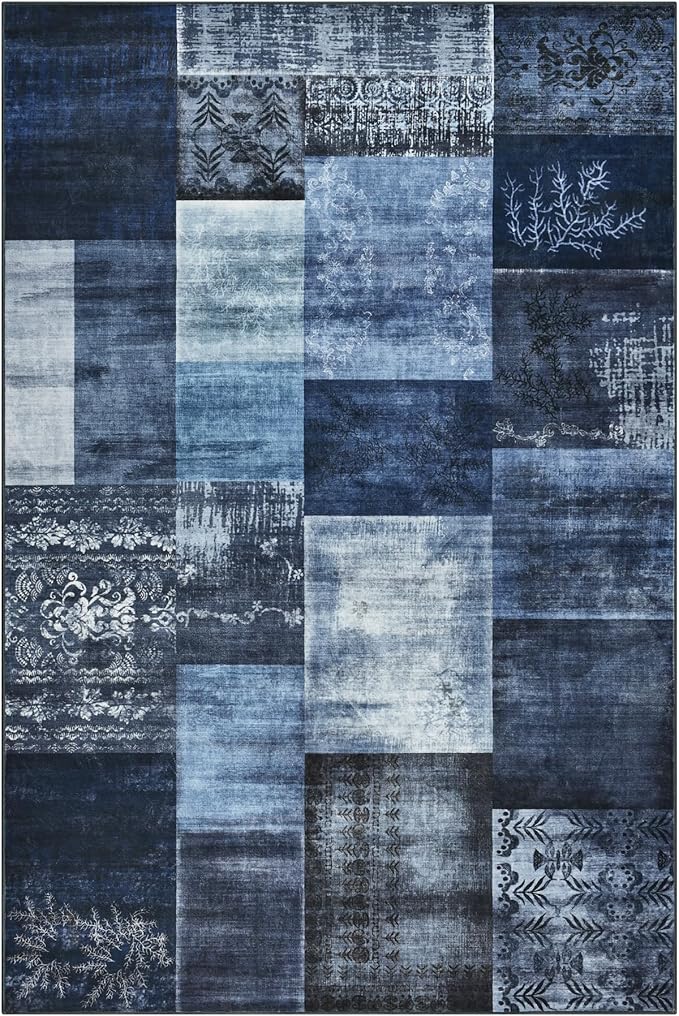 Tepook Modern Area Rug for Living Room, 6x9 Geometric Large Rugs for Bedroom, Washable Patchwork Rug Indoor Non-Slip Throw Carpets for Dining Room Office Farmhouse Home Decor, Blue