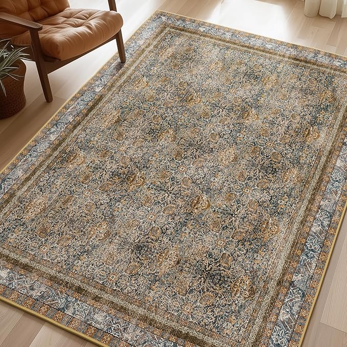 Phantoscope Washable Area Rug 8'x10' Non-Slip, Vintage Neutral Rugs for Living Room, Bedroom, Dining Room, Distressed Boho Floral Medallion Pattern, Low-Pile Foldable Carpet, Brown/Charcoal Spice
