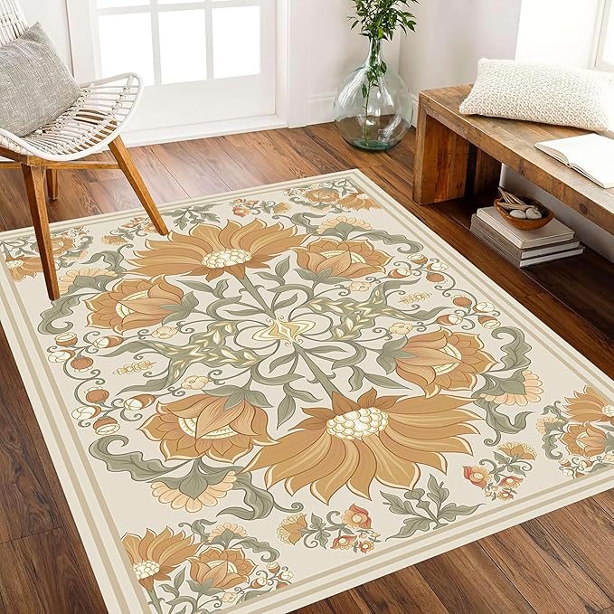 Abstract Sunflower Area Rugs, 6x8ft, Traditional Rustic Vintage Tropical Floral Theme Beige Farmhouse Boho Carpet, Shaggy Low Pile Fade Resistant Home Goods Rug for Living Room Kitchen