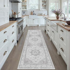 Grey Gray Runner Rug 2x8 Washable Vintage Long Carpet for Hallway Kitchen Soft Retro Low Pile Thin Indoor Runner Non Slip Oriental Medallion Throw Rug for Bathroom Bedroom Laundry Dining Room