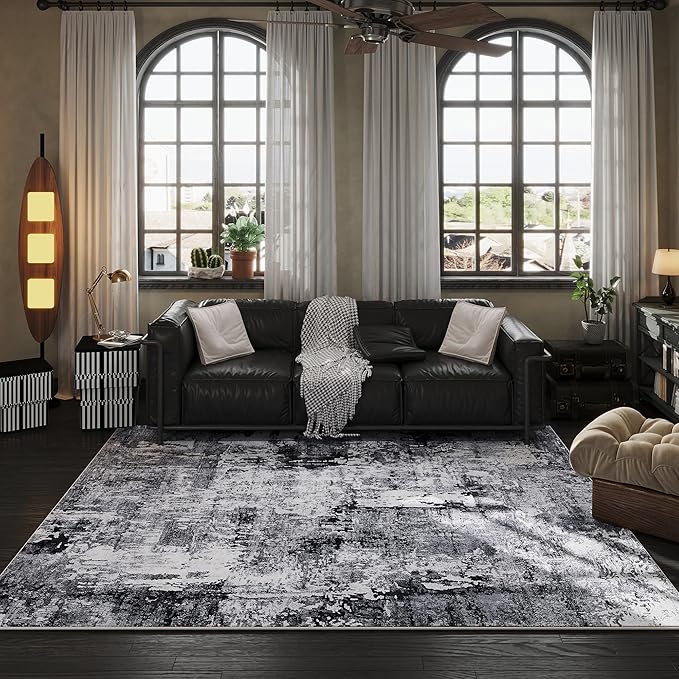 Rugcomf Area Rug 5x7 Washable Rug Boho Soft Abstract Pattern Non-Slip Faux Wool Vintage for Living Room, Bedroom, Farmhouse, Dining Room, Kids Playroom, Grey and Black