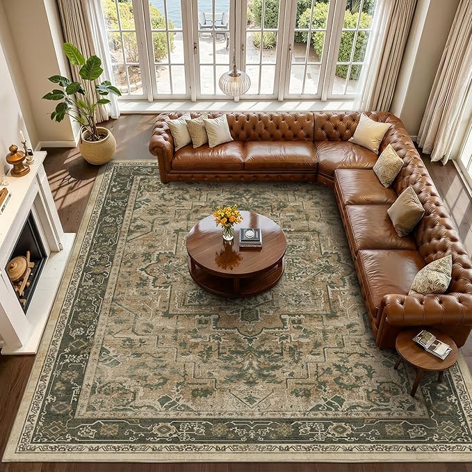 Extra Large Area Rugs 10x14 for Living Room, Traditional Medallion Printed Carpet Rugs for Bedroom Low Pile Thin, Non Slip Washable Rug for Dining Room, Vintage Multi Brown/Green