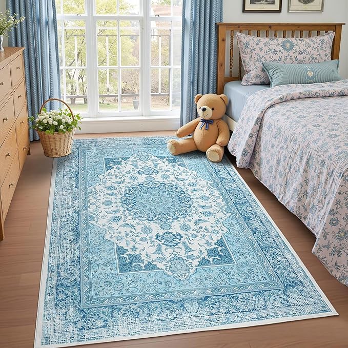 4x6 Area Rug for Bedroom, Machine Washable Rugs with Non-Slip Backing for Living Room, Soft Vintage Carpet Kitchen Laundry Kids Room Decor, Celestial Blue