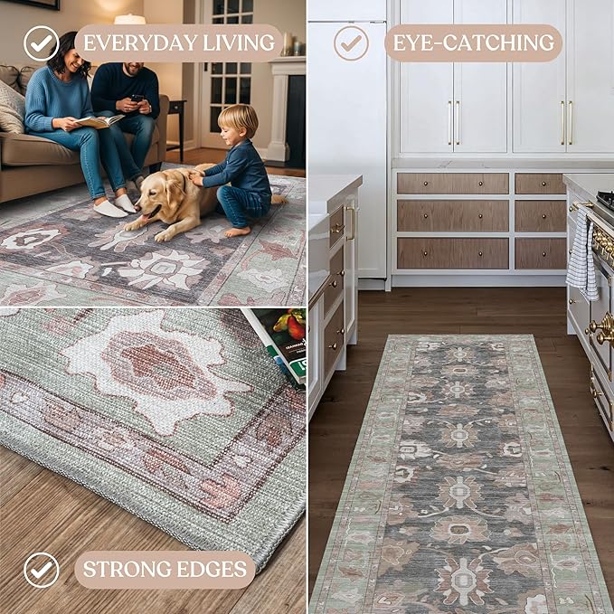 Fame Living Green Oushak Rug, Modern Rugs, Vintage, Turkish, Eclectic, Floral, Pastel, Washable, Small Throw, Accent Area Rug for Living Room, Bedroom, Kitchen, Bathroom, 2'5"x4'9"