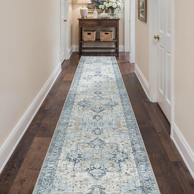 Runner Rug 2'6''x14, Non Slip Vintage Machine Washable Hallway Runner Rugs, Low Pile Lightweight Mat for Hallway, Entryway, Bedroom, Kitchen and Corridor, Blue