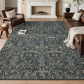 Washable Living Room Rug: 5x7 Boho Floral Soft Area Rug for Bedroom Decor - Vintage Low Pile Thin Carpet for Dining Room Non-Slip - Farmhouse Stain Resistant Rugs - Dark Green