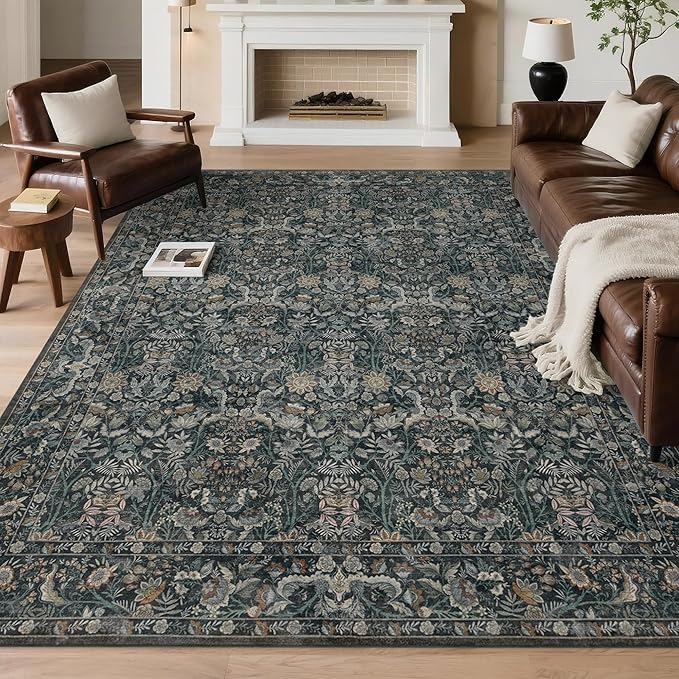 Washable Living Room Rug: 6x9 Boho Floral Soft Area Rug for Bedroom Decor - Vintage Low Pile Thin Carpet for Dining Room Non-Slip - Farmhouse Stain Resistant Rugs - Dark Green