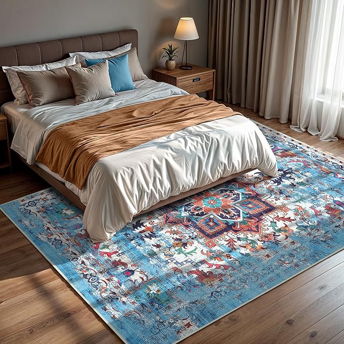 GLN Rugs Traditional Collection - Machine Washable Area Rug, Traditional Washable, Non Slip, Low Pile Chenille Rug, Living Room, Bedroom, Kitchen Rug (9' x 12' Blue/Multicolor)
