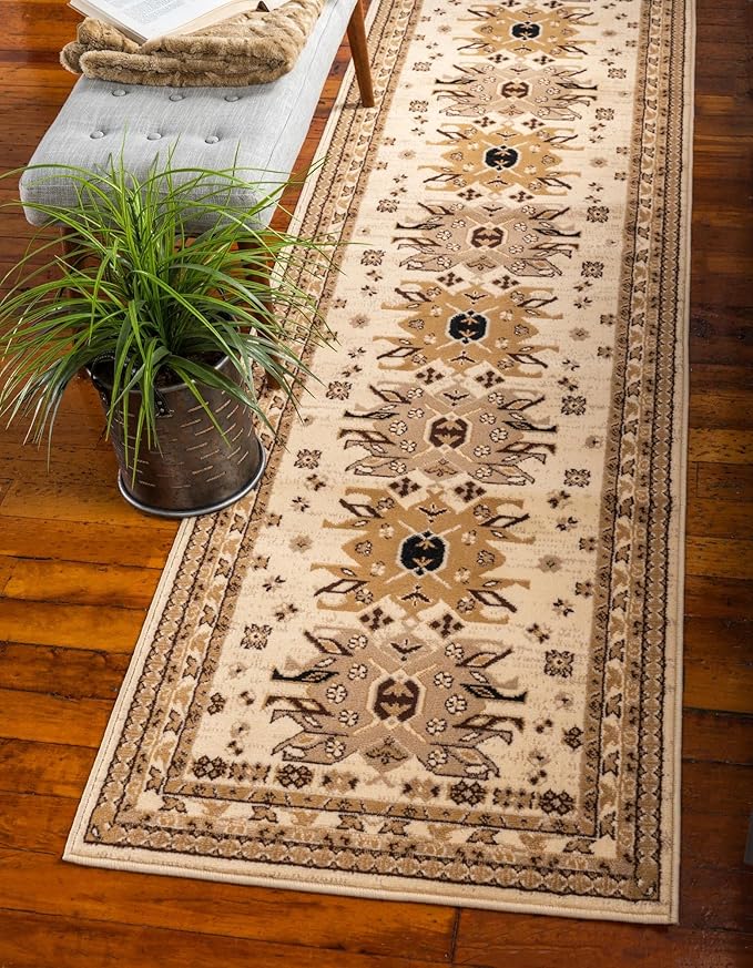 Unique Loom Taftan Collection Border Geometric Tribal Inspired Design Area Rug (2' 2 x 8' 2 Runner, Ivory/ Tan)