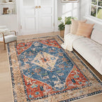 Area Rug 5x7 Washable Rug, Vintage Boho Medallion Rugs Non-Slip Soft Low Pile Large Distressed Rug Indoor Retro Carpet for Living Room Bedroom Dining Room Home Office (Tribal Medallion/Multi, 5'x7')